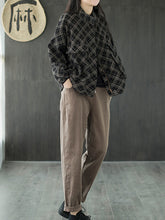 Women Plaid Retro Loose Stand Collar Long Sleeve Shirt